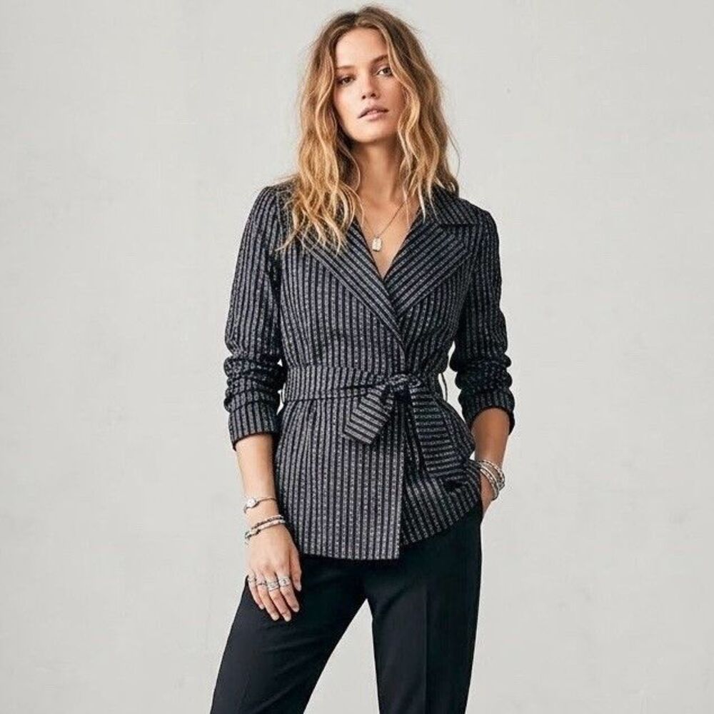 Womens Belted Wrap Jacket Blazer Pinstripe Striped Long Sleeve Sz Large Office